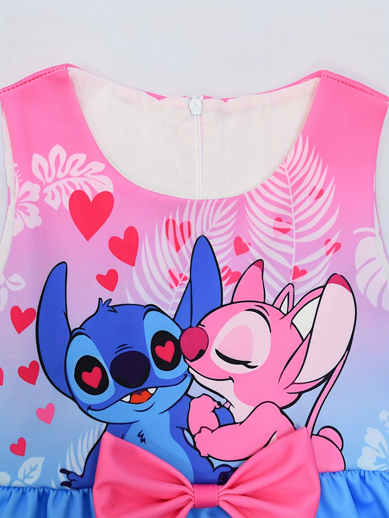 Disney Stitch Girls Sleeveless Round Neck Dress with Bow & Floral Print - Lightweight Polyester Spandex