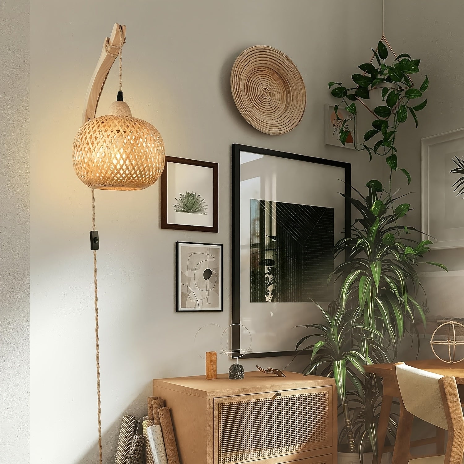 Rustic Bamboo Wall Lamp – Woven Shade with Plug-In Vintage Style