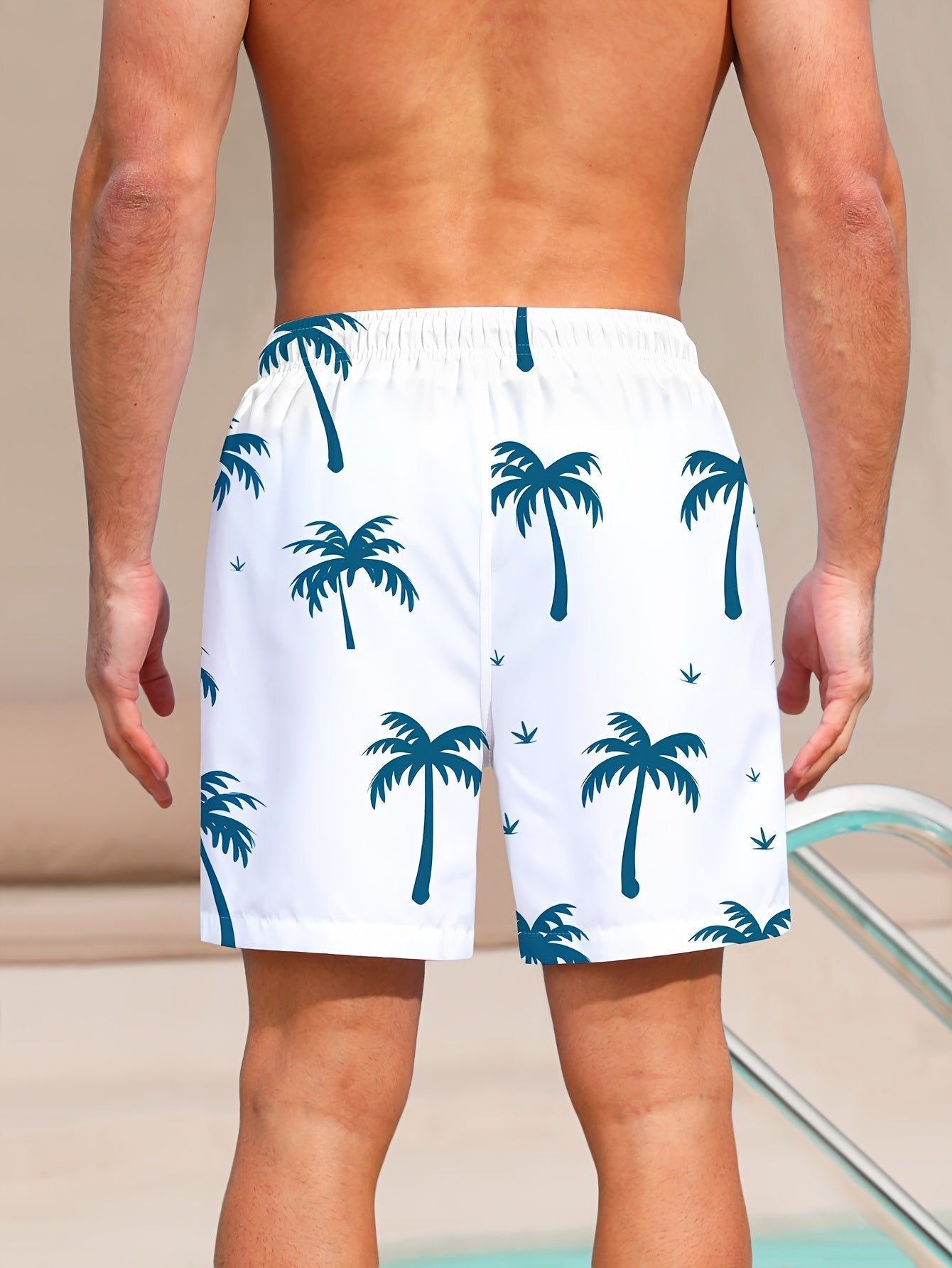 Summer Men's Swim Shorts – Quick-Drying with Palm Tree Print and Elastic Waistband