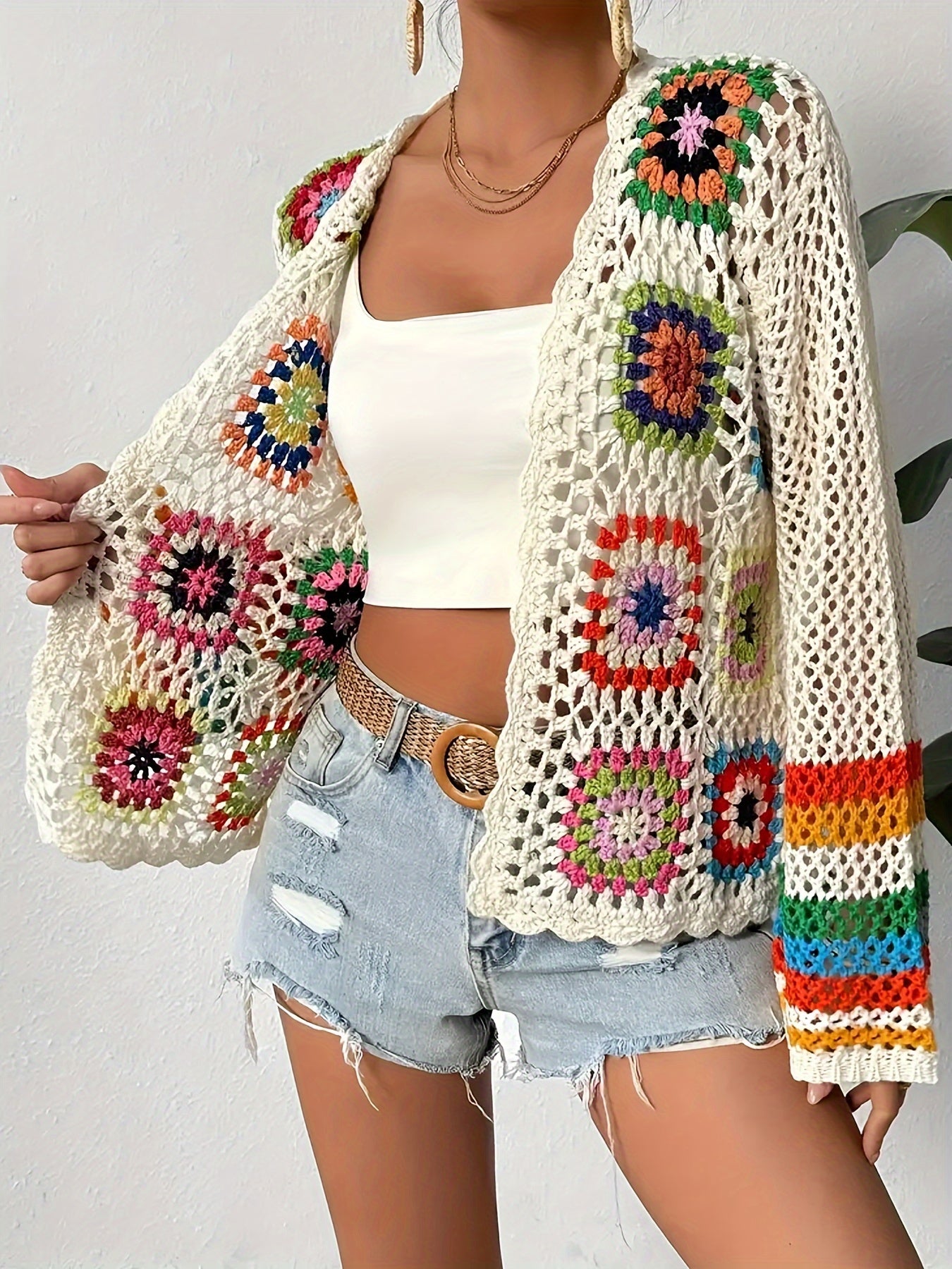 Colorful Crocheted Flower Cardigan – Stylish and Breathable for Spring and Autumn