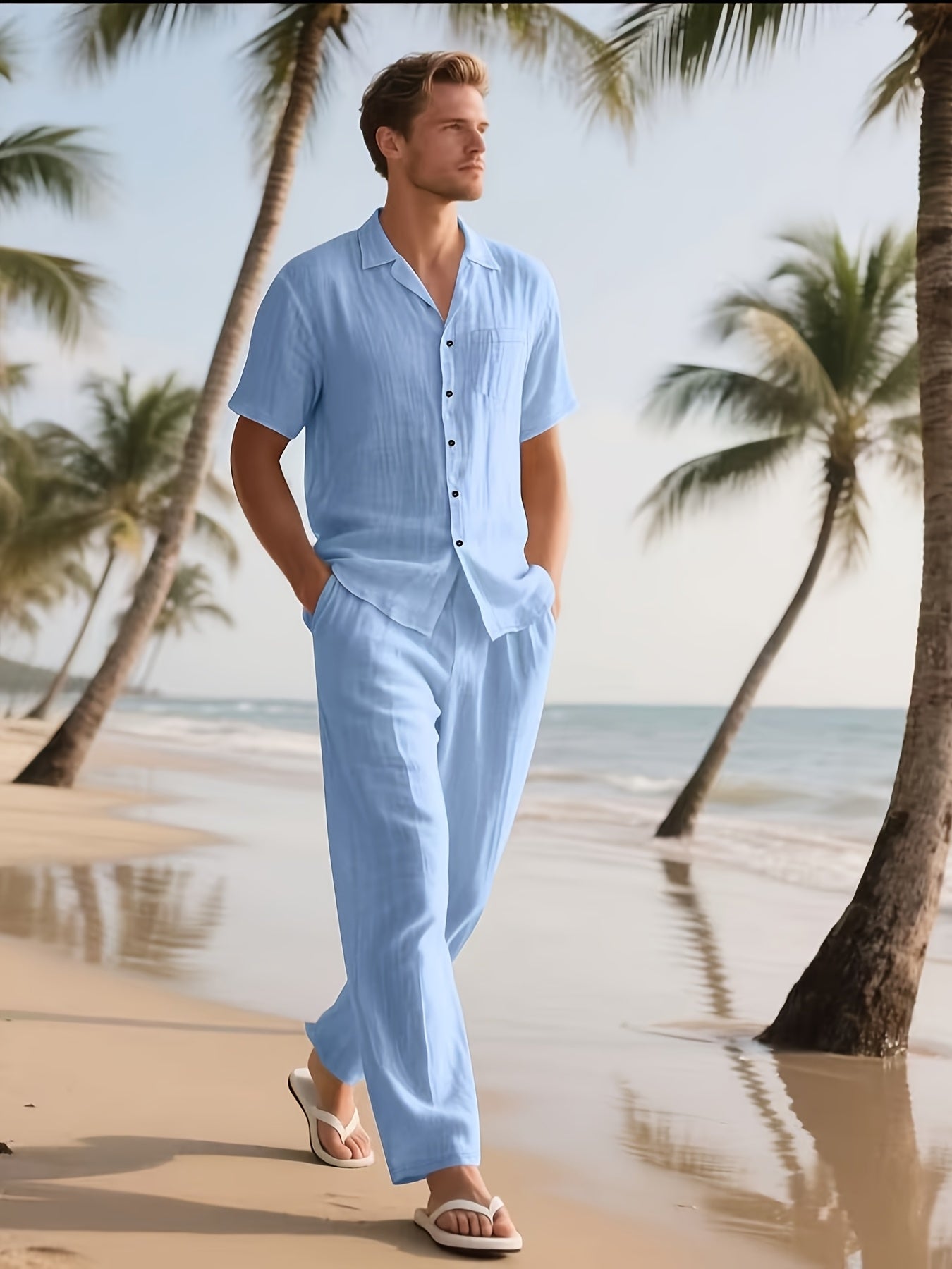 Men's Casual Linen Set – Comfortable and Breezy with Long Pants and Short Sleeves