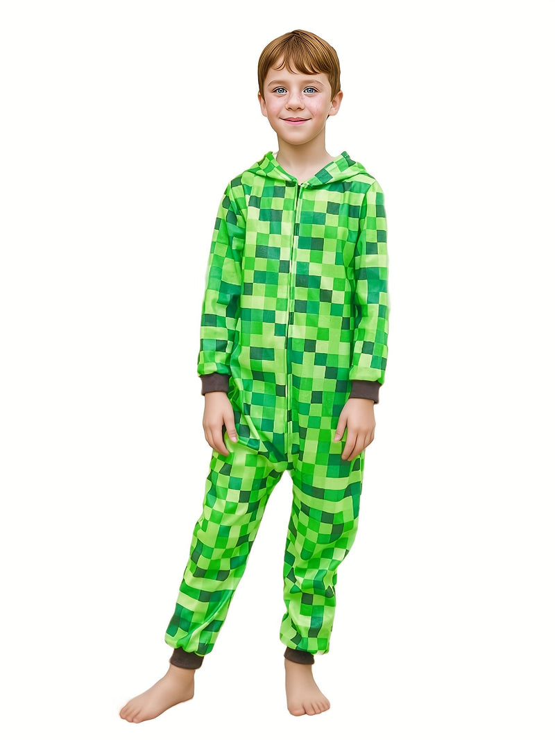 Minecraft Inspired Green Checkered Onesie for Kids – Perfect for Halloween and Parties