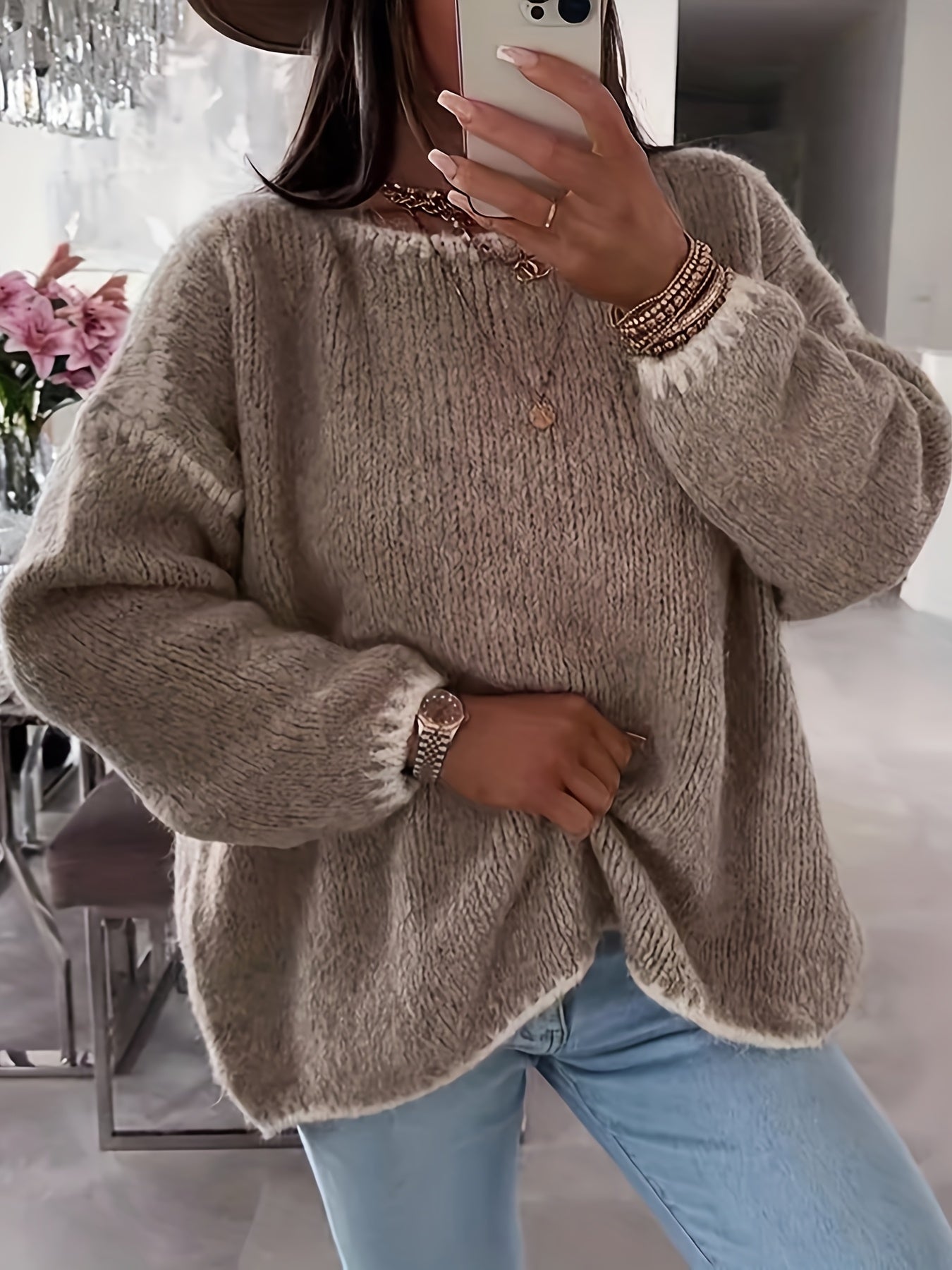 Off-The-Shoulder Color Block Sweater - Casual and Comfortable for Autumn and Winter