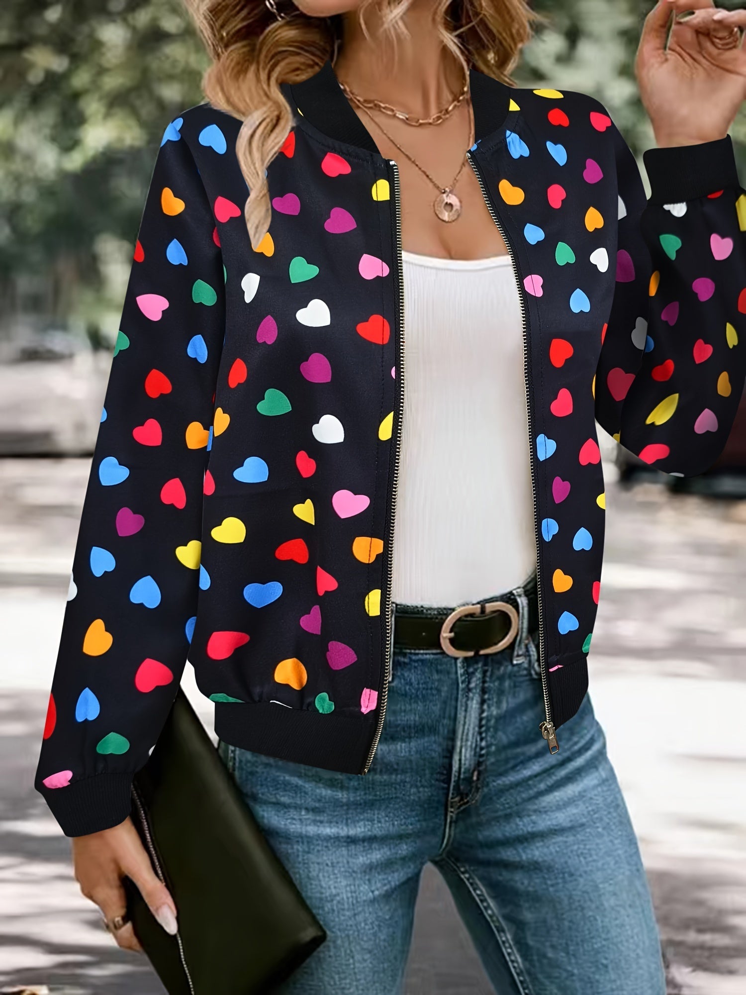 Joyful Hearts Bomber Jacket – Stylish and Comfortable Zip-up Jacket for Spring and Autumn