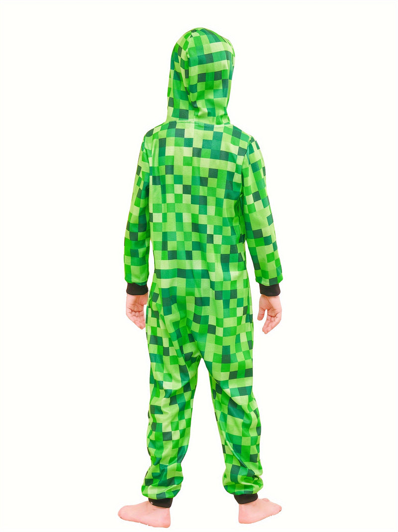 Minecraft Inspired Green Checkered Onesie for Kids – Perfect for Halloween and Parties