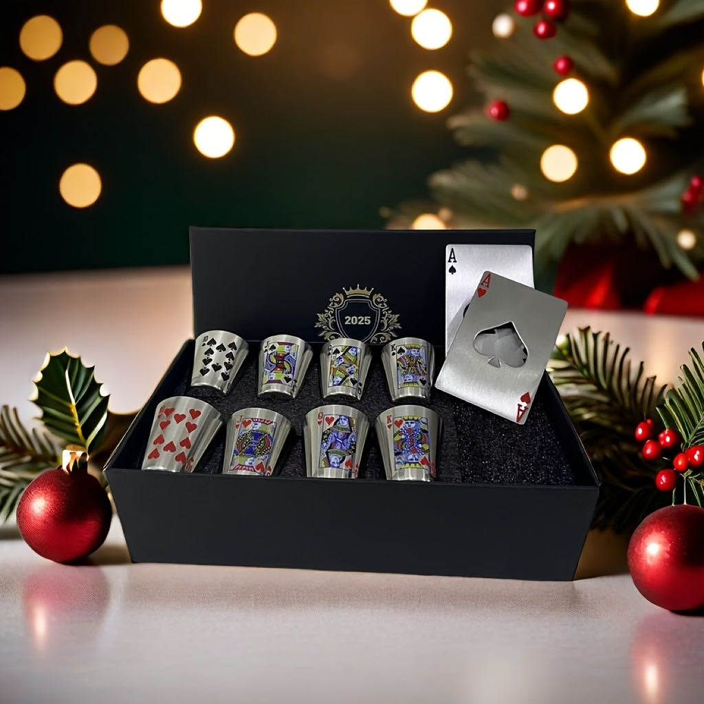Royal Playing Card Whiskey Glass Set – Stainless Steel & Bottle Openers