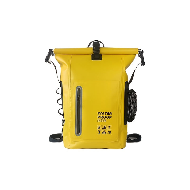 Waterproof 25L Roll-Top Backpack with Multiple Pockets, Sturdy Buckle Seal, and Mesh Side Pocket