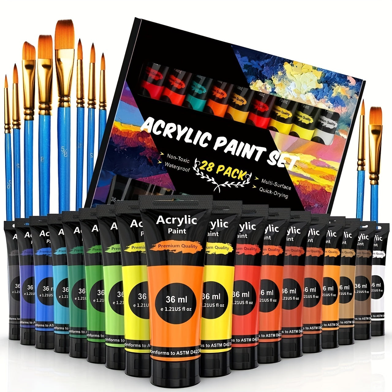 Acrylic Paint Set – 28 Pieces, Including 18 Colors of Acrylic Paint and 10 Brushes