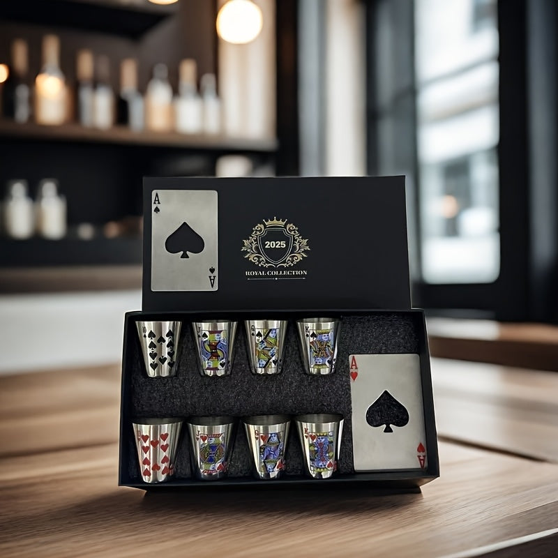 Royal Playing Card Whiskey Glass Set – Stainless Steel & Bottle Openers
