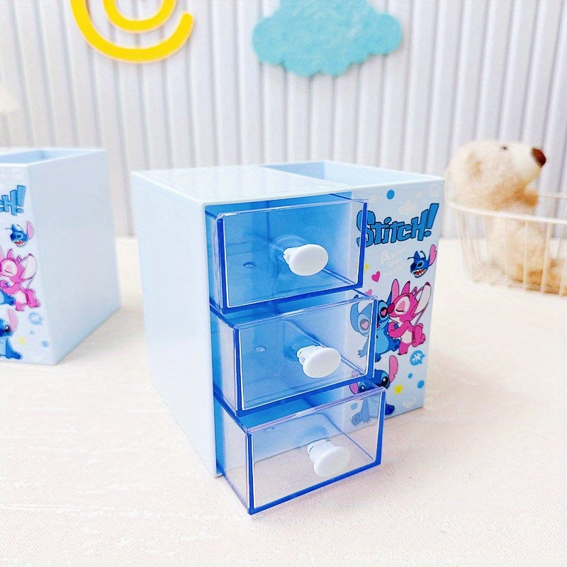 Disney Stitch Cartoon 3-Compartment Storage Box – Multifunctional Organizer for Desk, Jewelry, and Toys