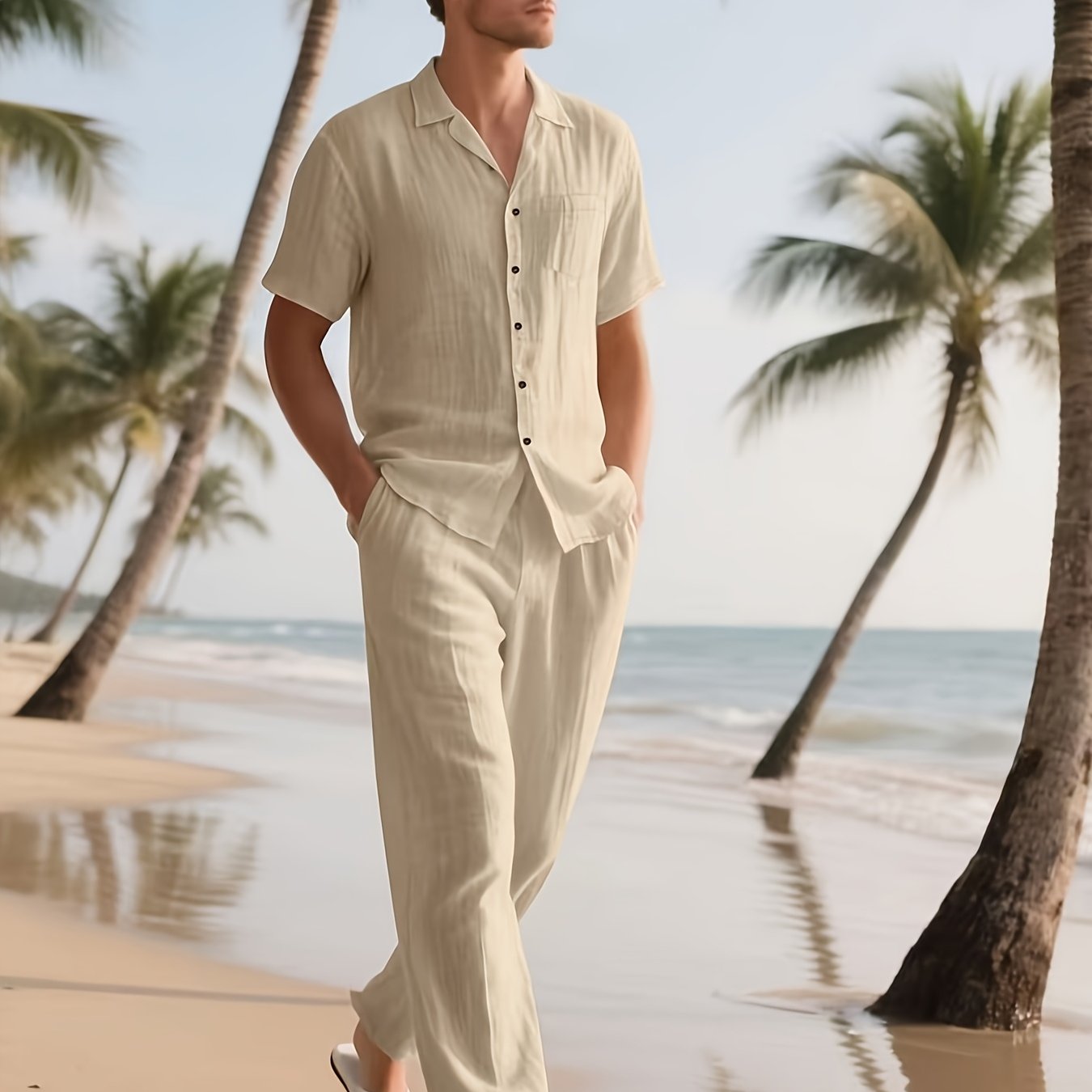 Men's Casual Linen Set – Comfortable and Breezy with Long Pants and Short Sleeves