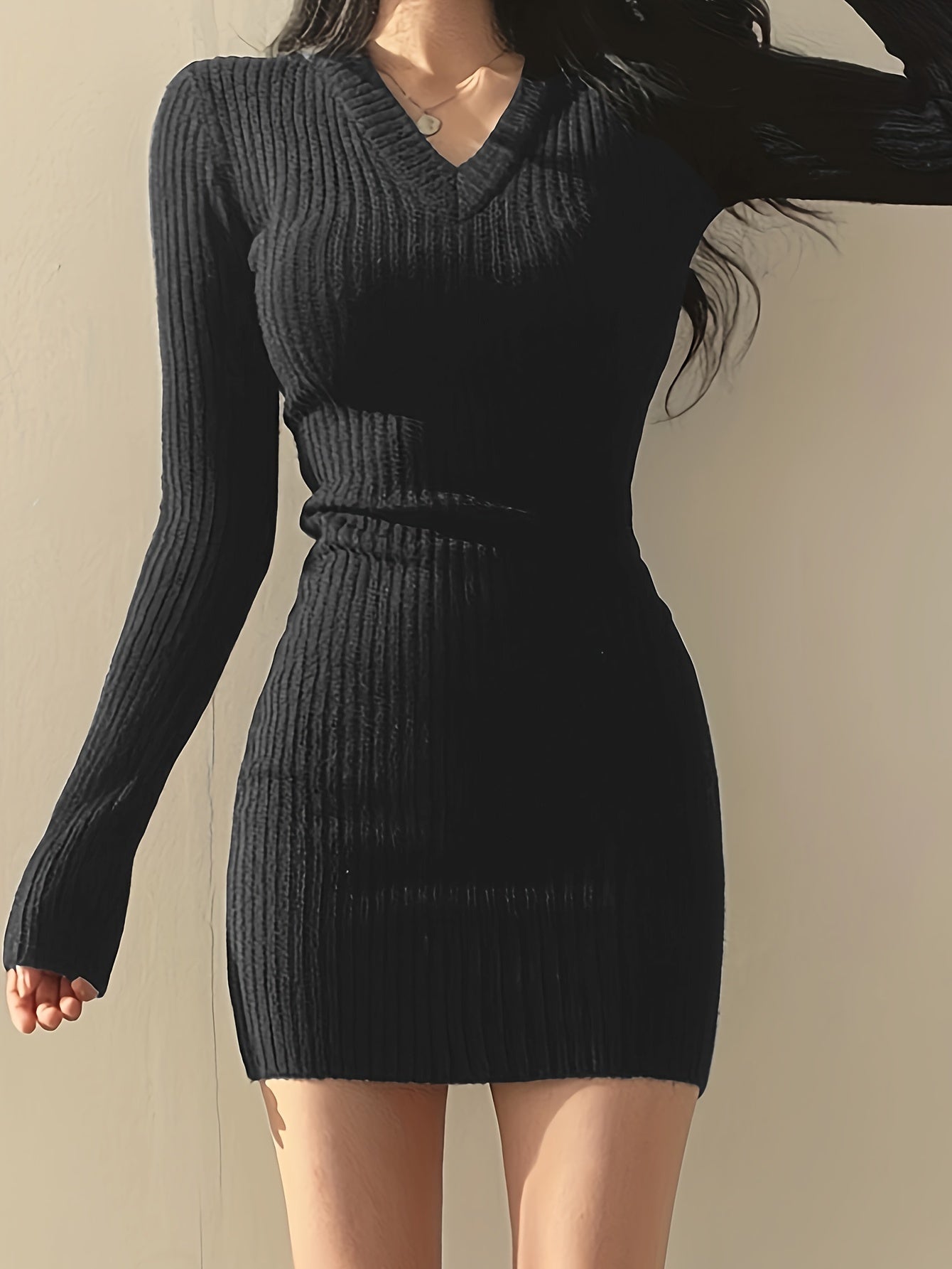 Eva Ribbed Sweater Dress - Elegant V-Neck for Autumn and Winter