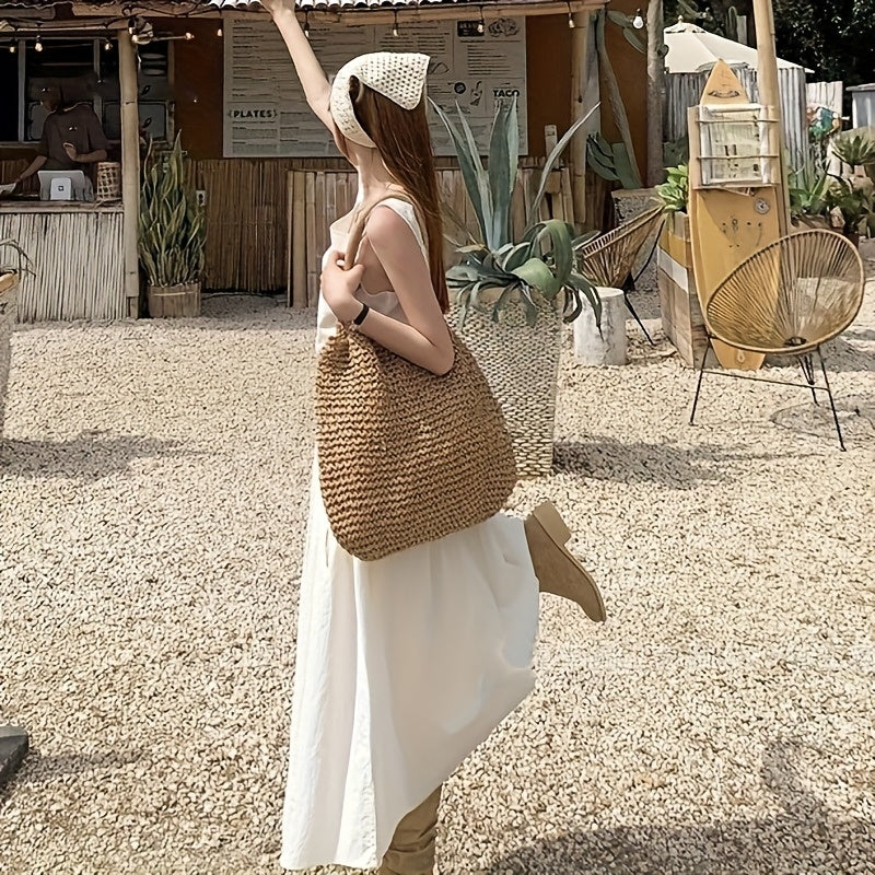 Ladies Large Capacity Woven Tote Bag with Zipper