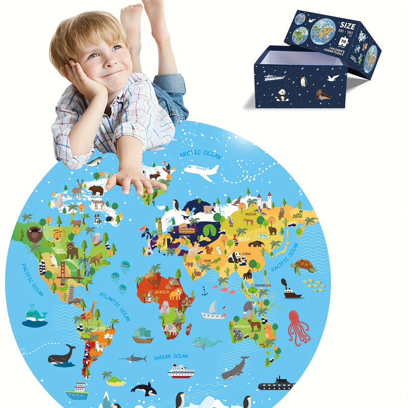 70-Piece Animal Floor Puzzle – Round World Map Design for Kids