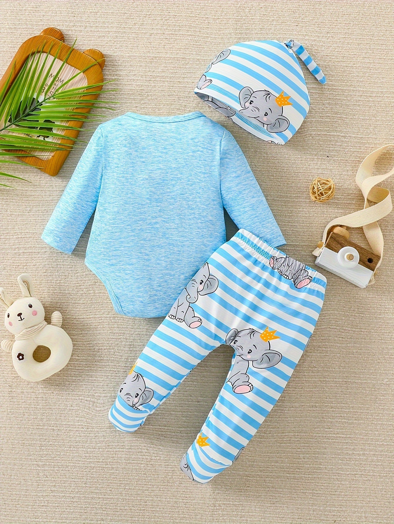Baby Elephant Outfit Set – Romper, Pants, and Hat for a Joyful Adventure