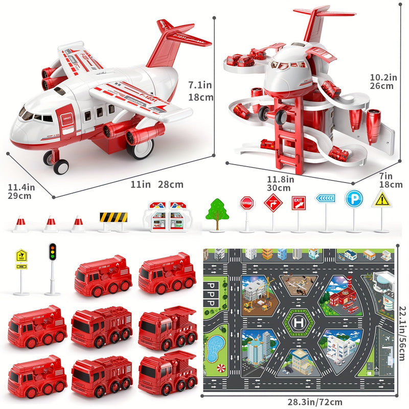 AdventurePlay Airplane & Fire Truck Playset - Race Track and Garage for Kids