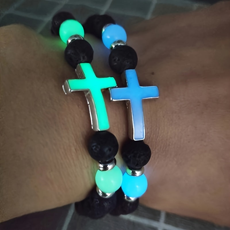 Glow-in-the-Dark Bead Bracelet with Cross - For a Unique Style