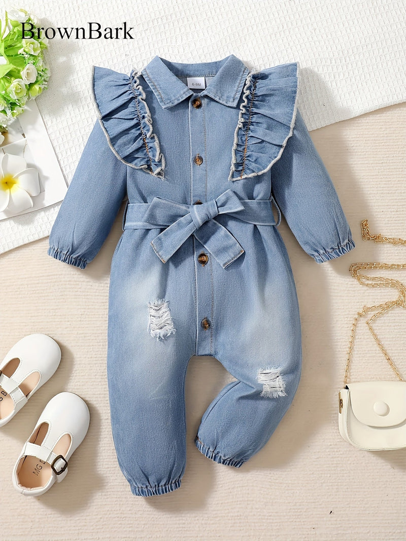 Denim Dreamcatcher Romper for Children – Playful Ruffles and Edgy Details
