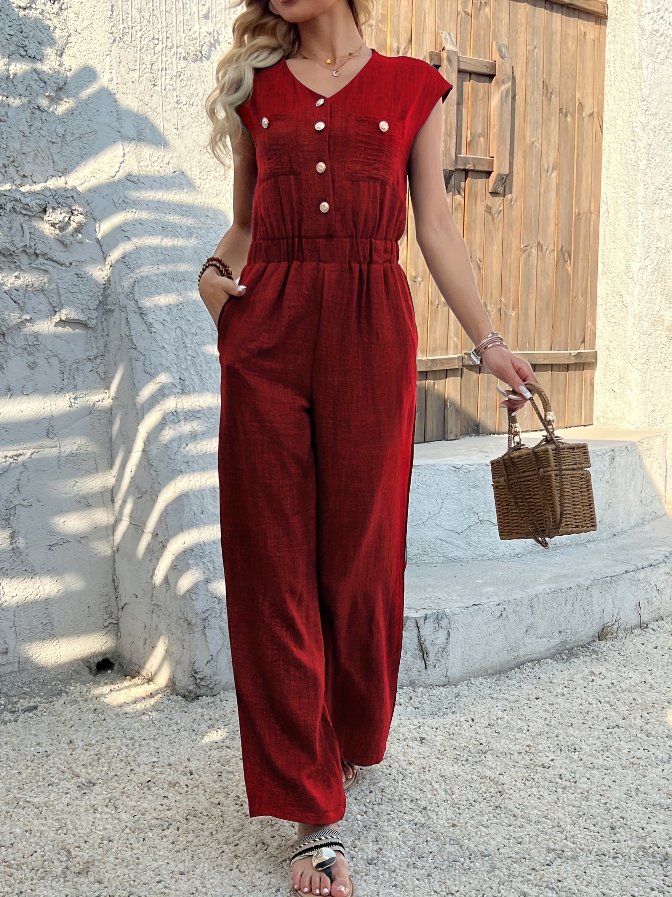 Elegant V-Neck Jumpsuit for Women – High Waist and Casual Style