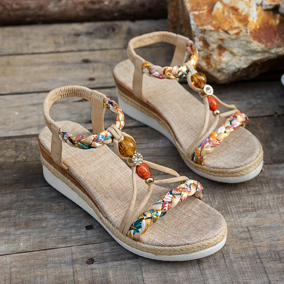 Bohemian handwoven jute wedge sandals with flowers, beads, and adjustable ankle strap