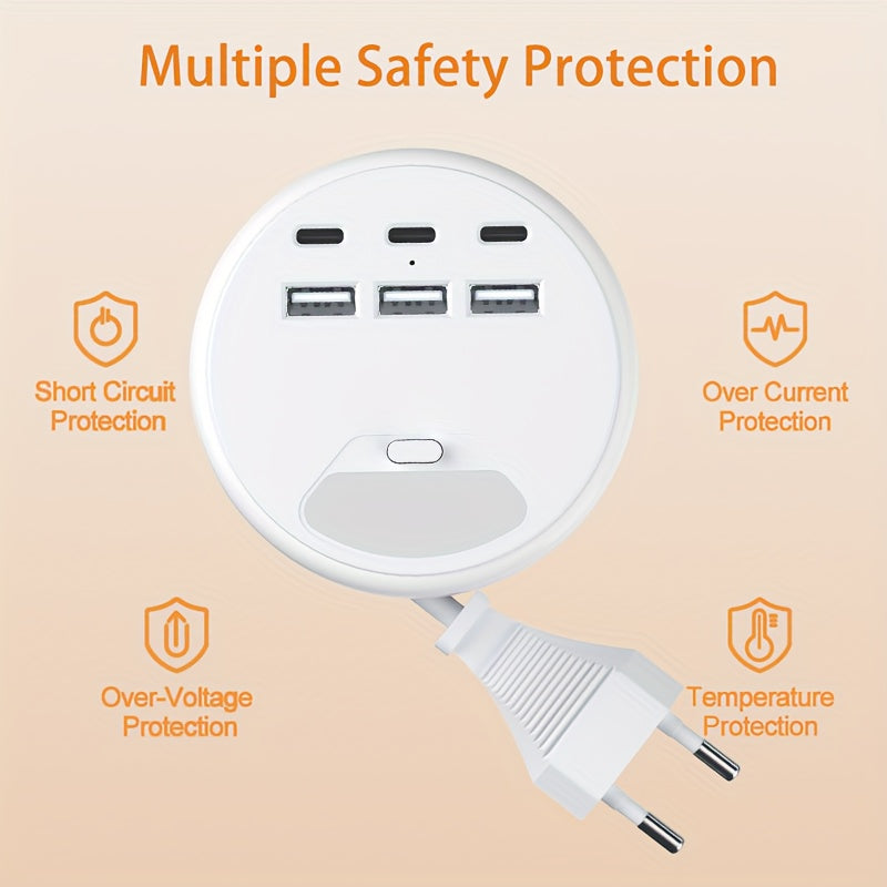 Multifunctional Power Strip with USB Chargers – 3 USB-A and 3 Type-C Ports, Ideal for Home and Office