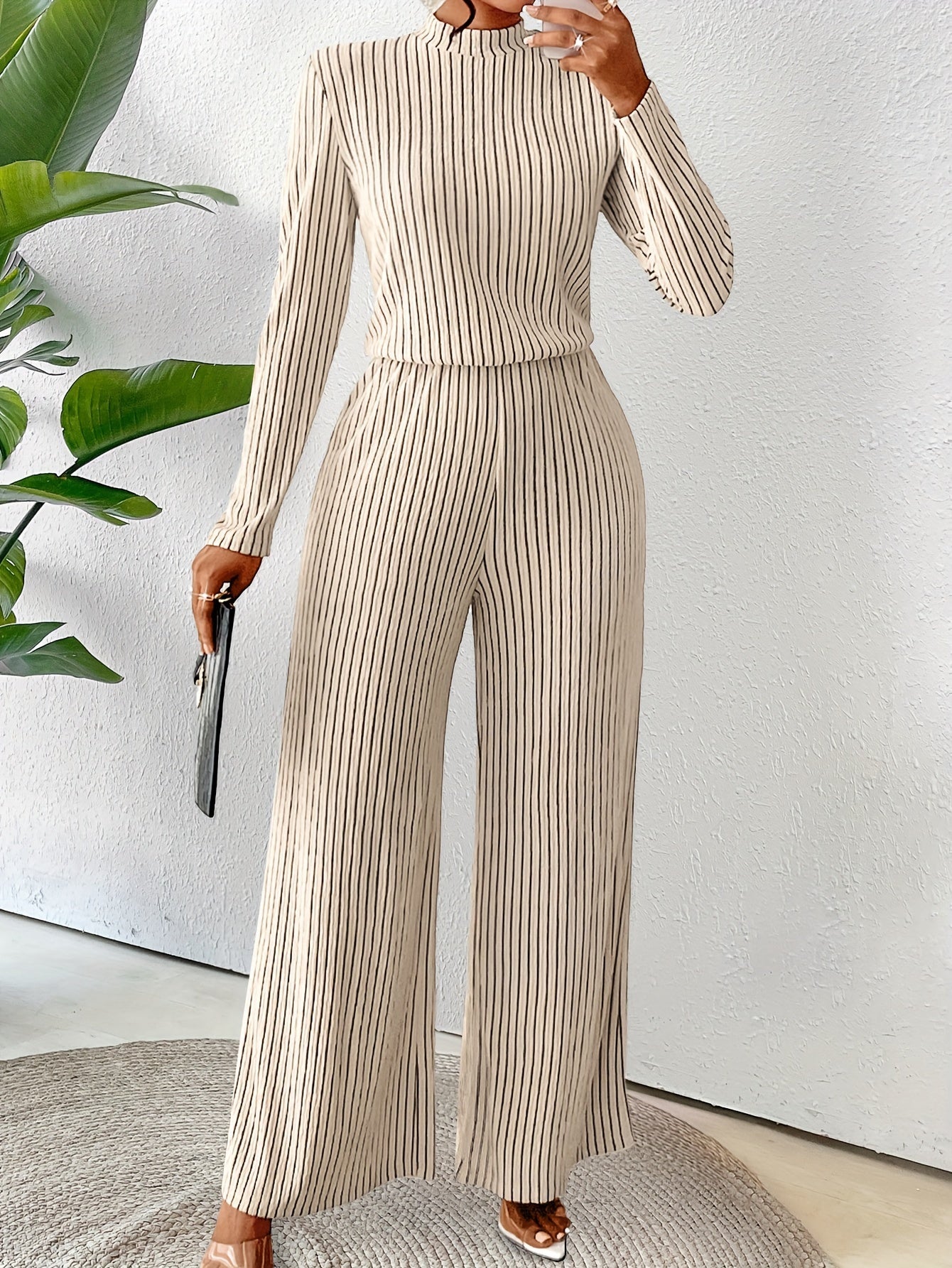 Elegant Ribbed Knit Jumpsuit for Women – Striped, Long Sleeves and High Neck