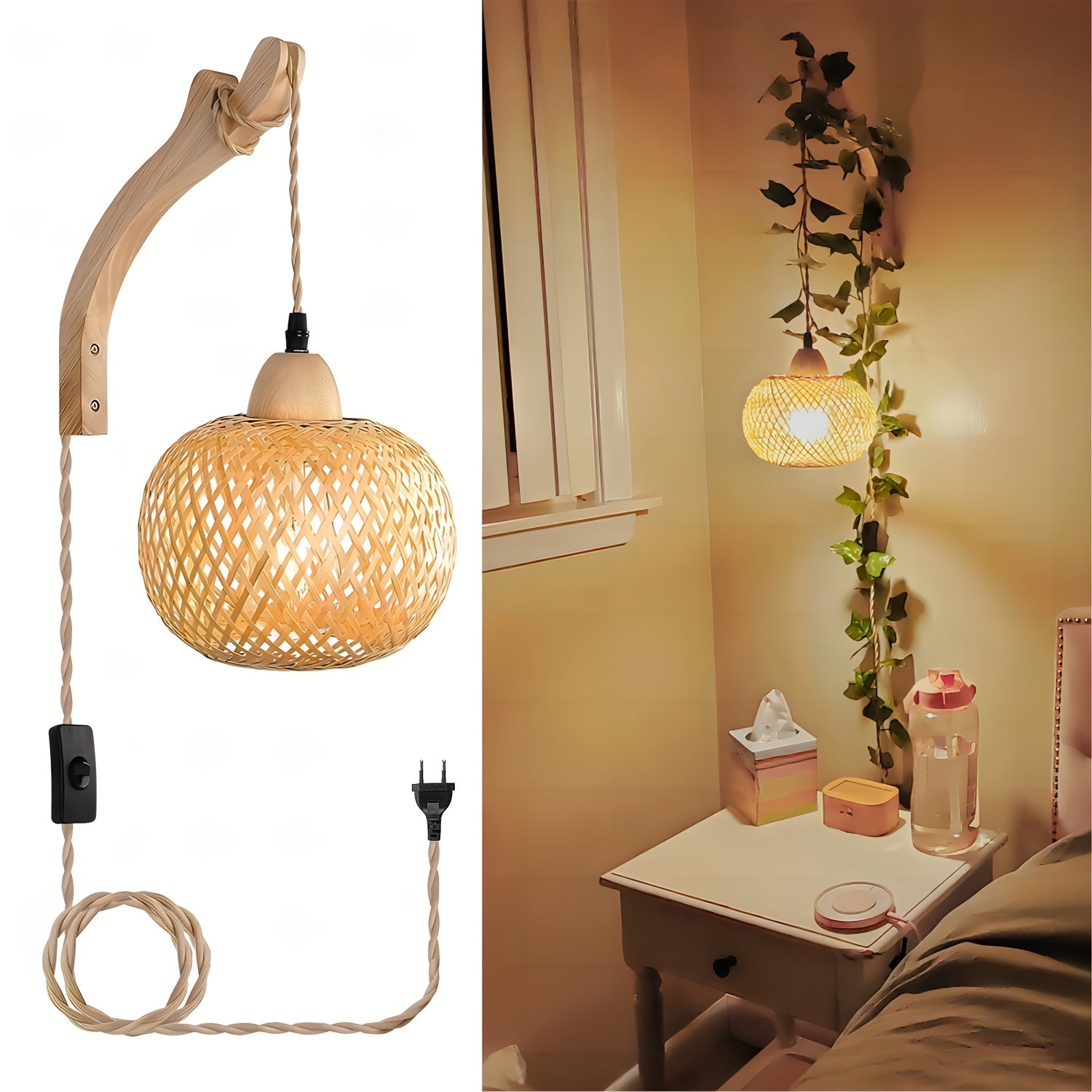 Rustic Bamboo Wall Lamp – Woven Shade with Plug-In Vintage Style