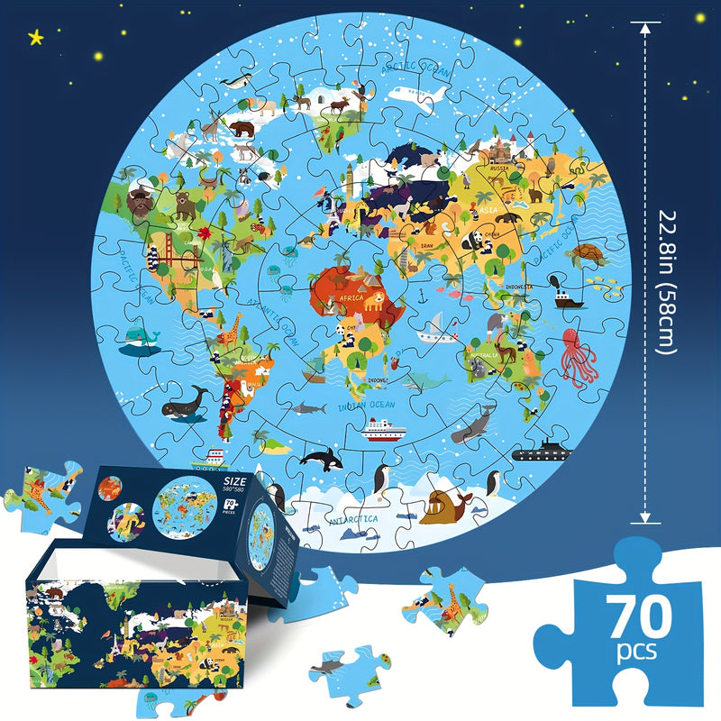70-Piece Animal Floor Puzzle – Round World Map Design for Kids