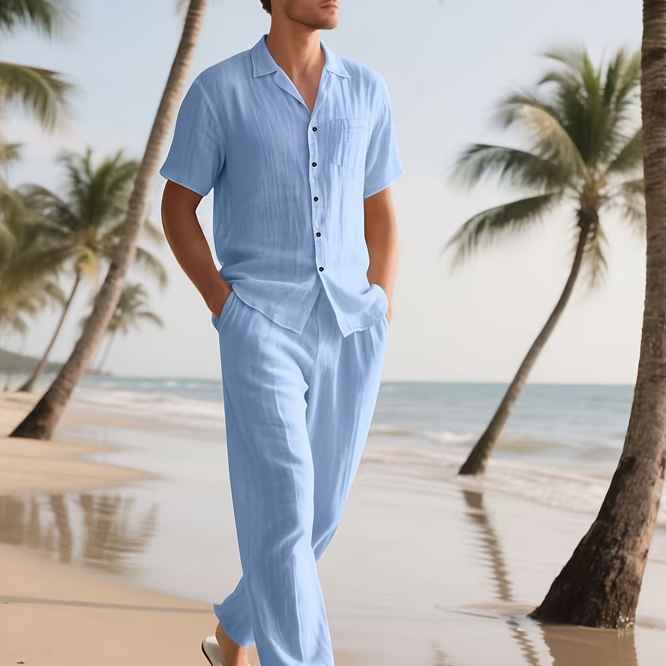 Men's Casual Linen Set – Comfortable and Breezy with Long Pants and Short Sleeves