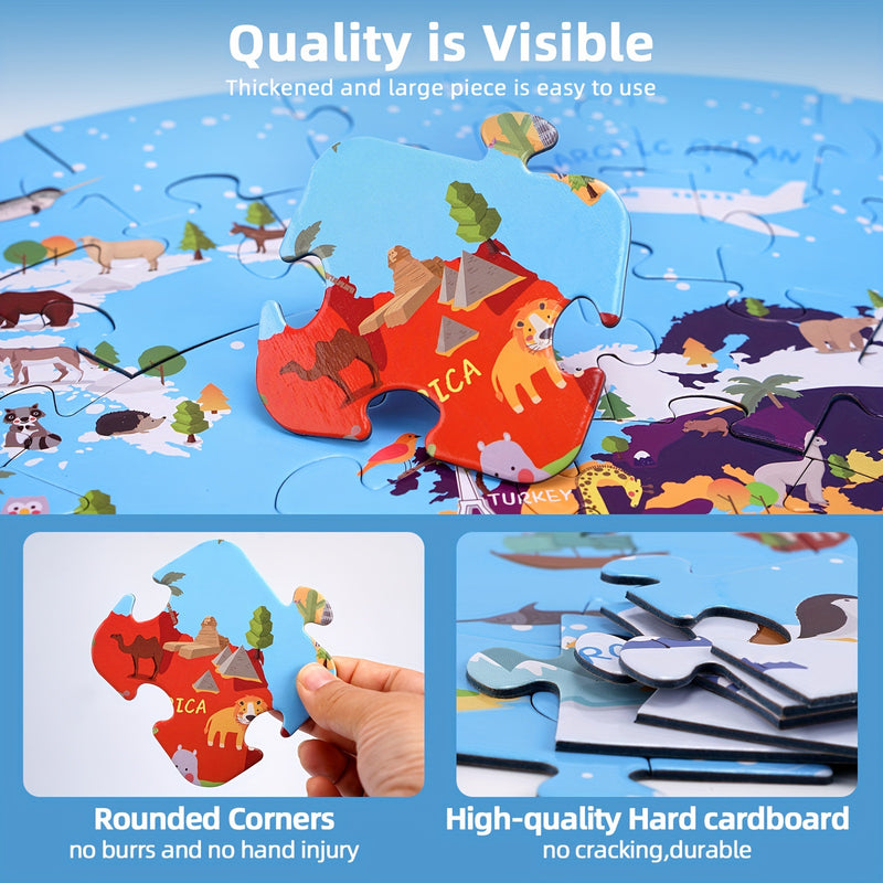 70-Piece Animal Floor Puzzle – Round World Map Design for Kids