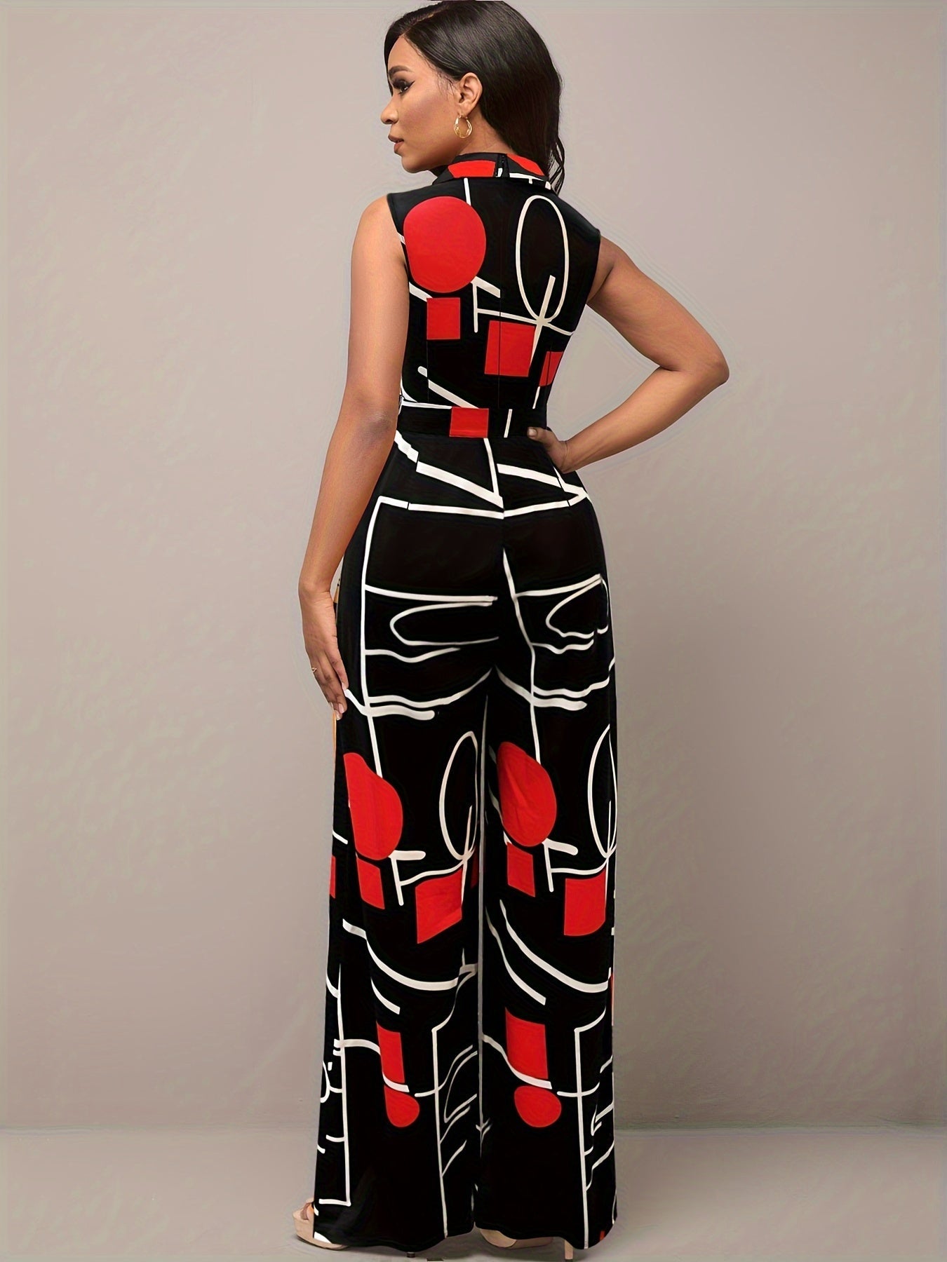 Elegant Geometric Printed Jumpsuit – Wide Legs and Belt for Parties and Casual Wear