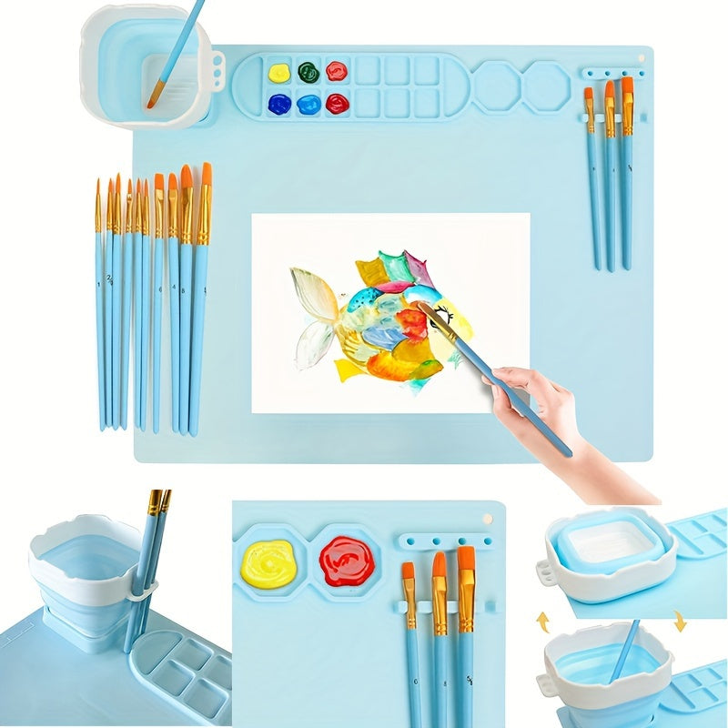 Silicone Painting Mat with Palette and Brush Holder – Durable and Flexible