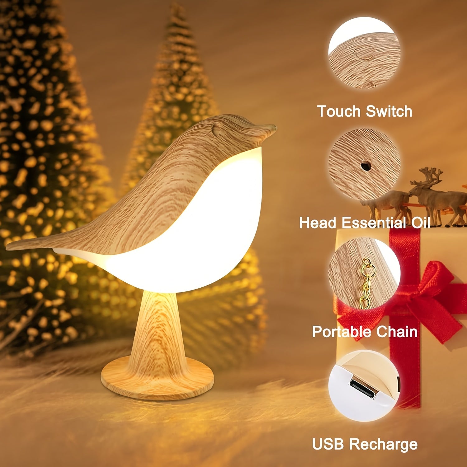 LED Bird Lamp with Aroma Diffuser – USB Rechargeable Night Light and Reading Lamp with 3 Color Temperatures
