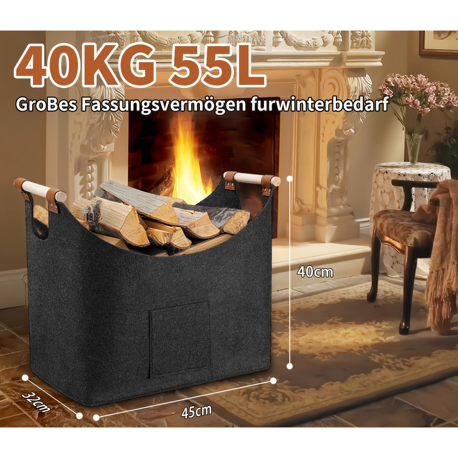 Foldable Felt Basket XL with Wooden Handles – Sustainable and Stylish Wood Carrier for Indoor Use