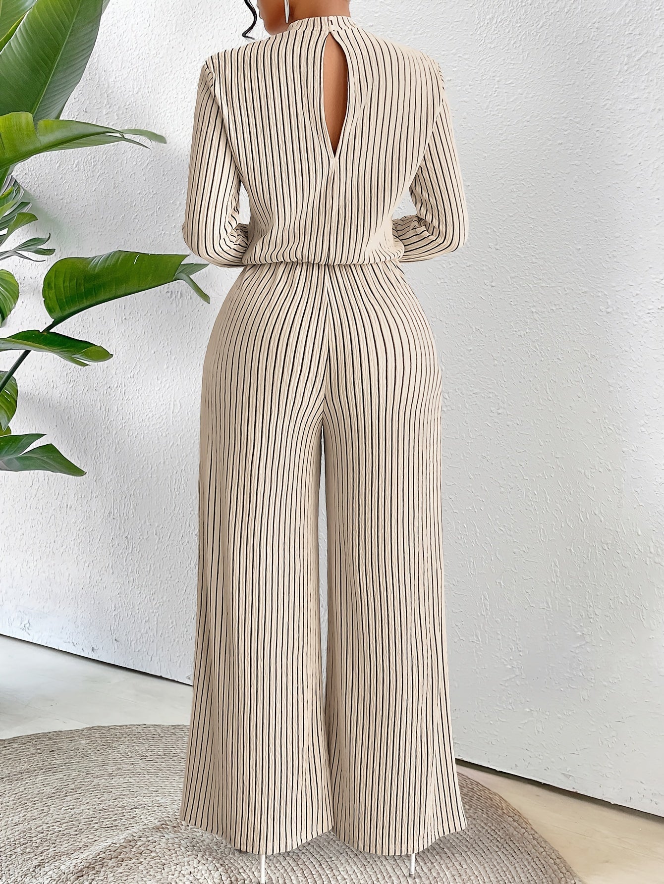 Elegant Ribbed Knit Jumpsuit for Women – Striped, Long Sleeves and High Neck