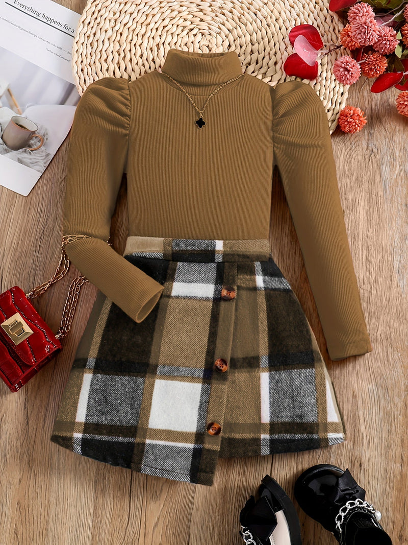 Feline Elegant Turtleneck Outfit for Kids - Checkered Skirt and Sweater Set