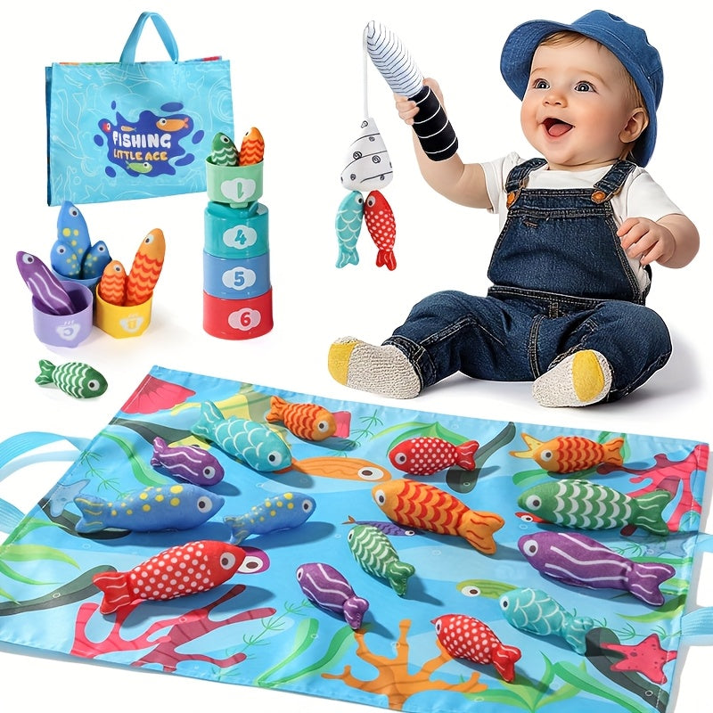 Kids’ Fabric Fishing Set – Plush Fish and Stacking Cups for Learning Fun