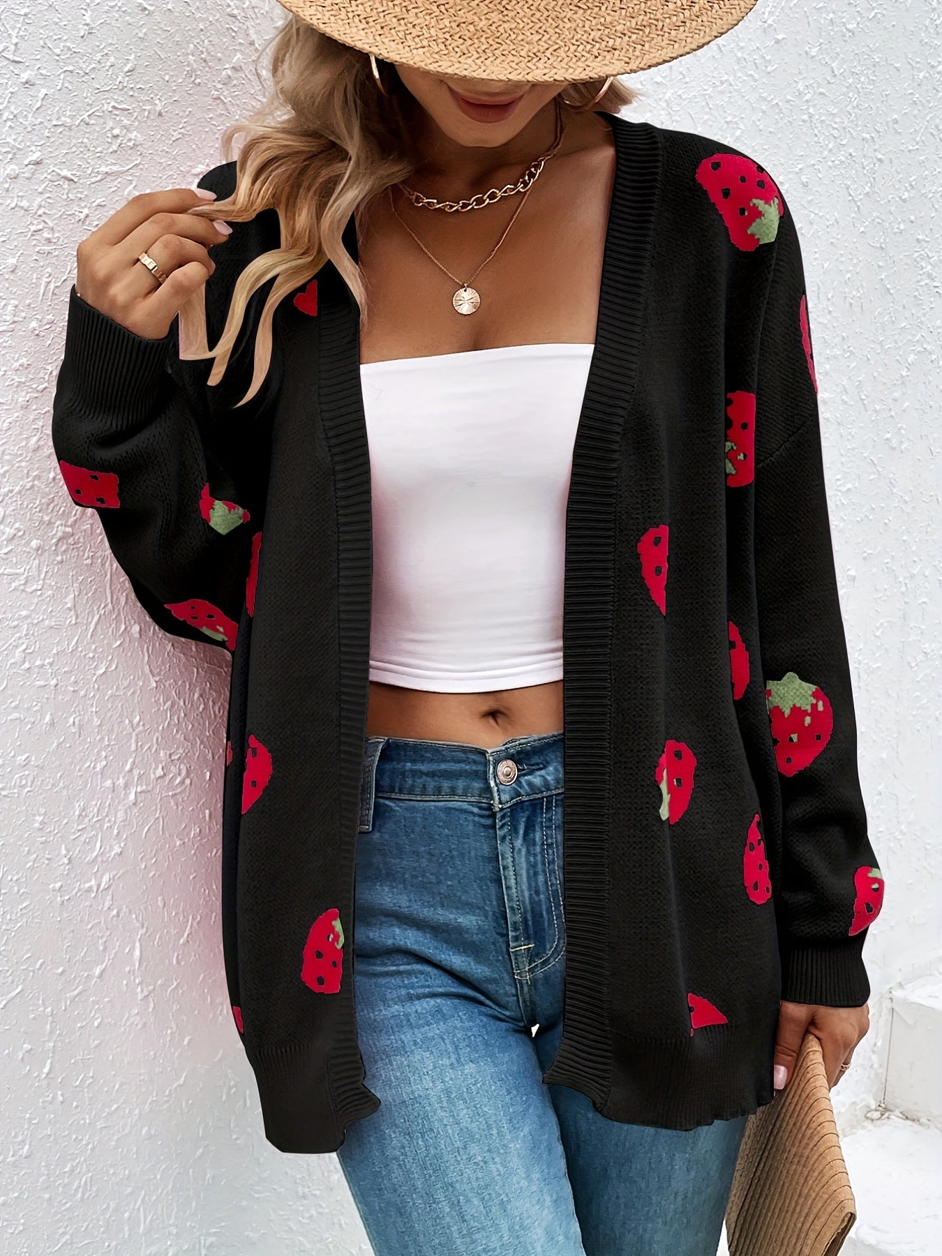 Ladies Strawberry Print Cardigan – Trendy and Comfortable for Spring and Autumn