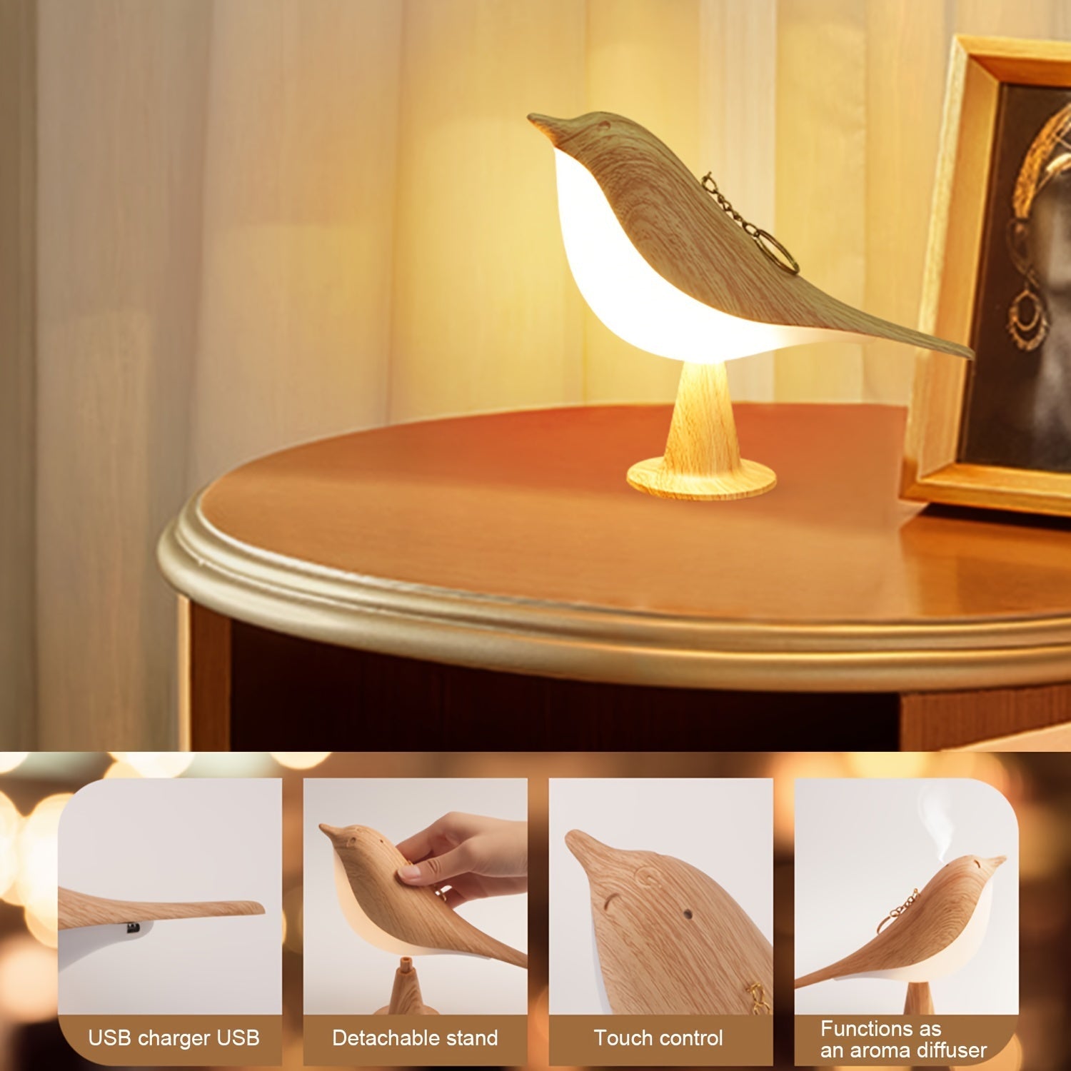 LED Bird Lamp with Aroma Diffuser – USB Rechargeable Night Light and Reading Lamp with 3 Color Temperatures