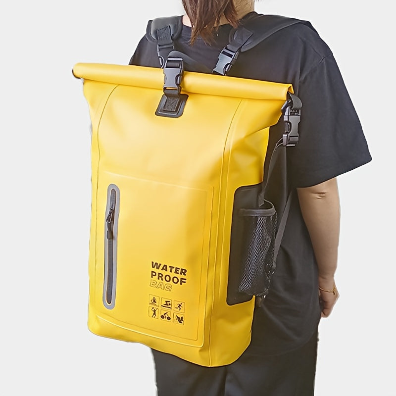 Waterproof 25L Roll-Top Backpack with Multiple Pockets, Sturdy Buckle Seal, and Mesh Side Pocket