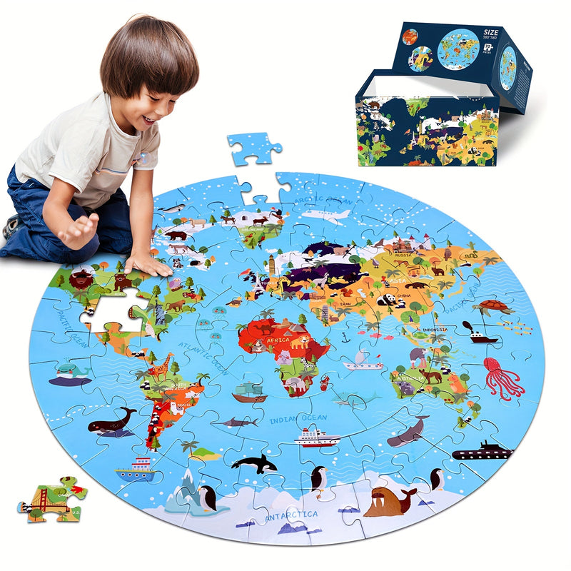 70-Piece Animal Floor Puzzle – Round World Map Design for Kids