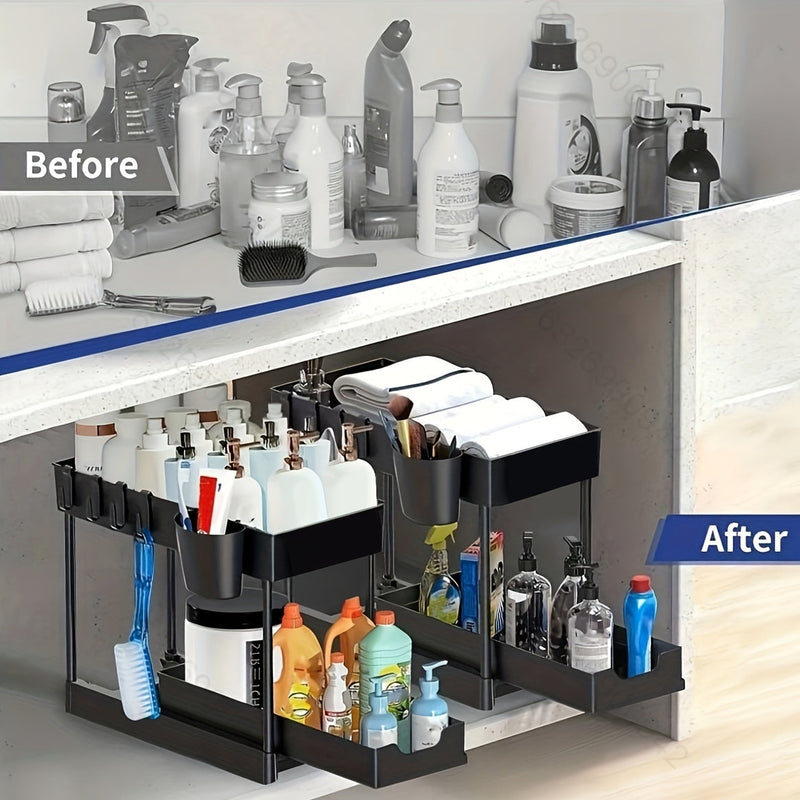 2-Tier Organizer with Hooks and Cup – Smart and Stable Storage System for Under-Counter or Countertop