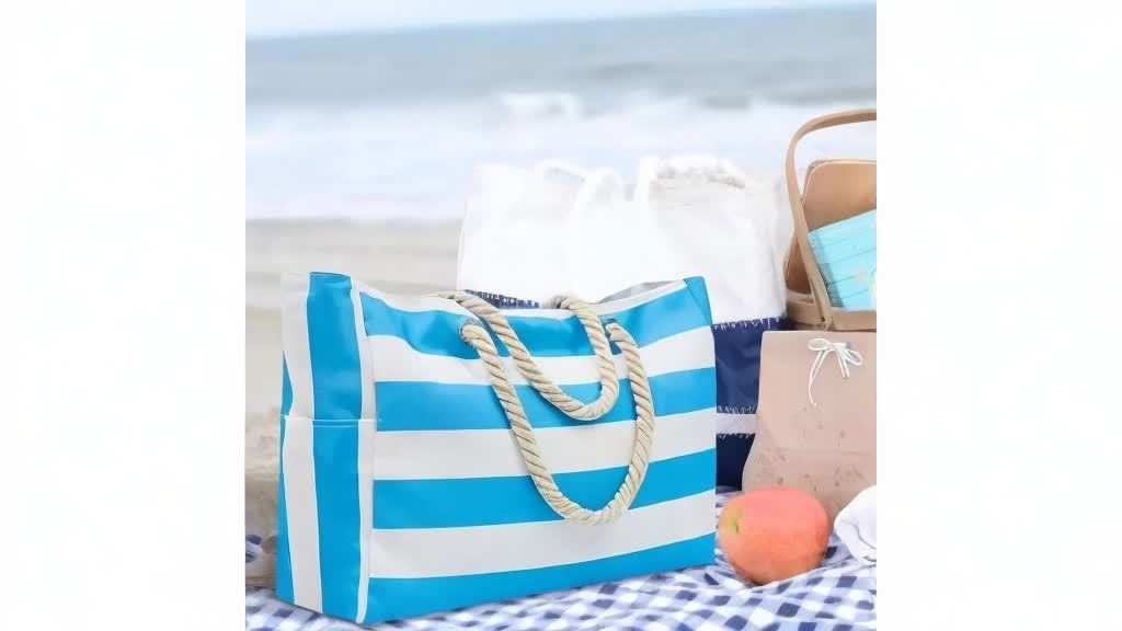 Striped Beach Bag – Spacious Travel Bag with Rope Handles for Transport and Outdoor Vacations
