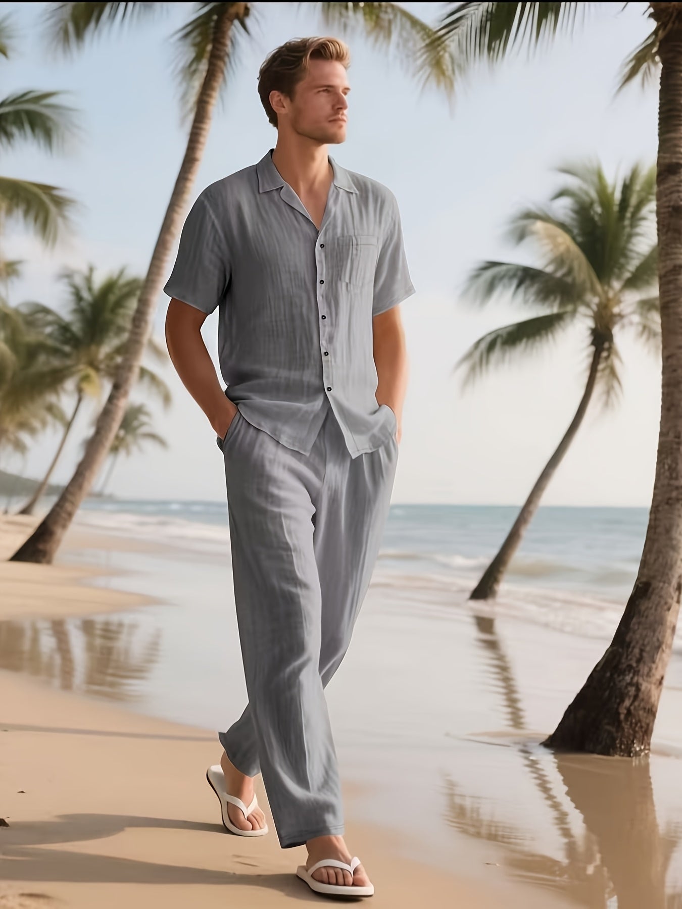Men's Casual Linen Set – Comfortable and Breezy with Long Pants and Short Sleeves