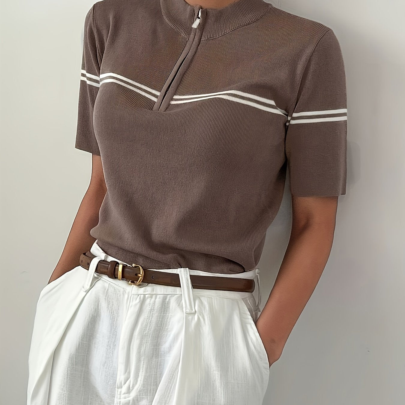 Ladies Striped Polo Shirt with Zipper Detail – Lightweight Summer Casual Top