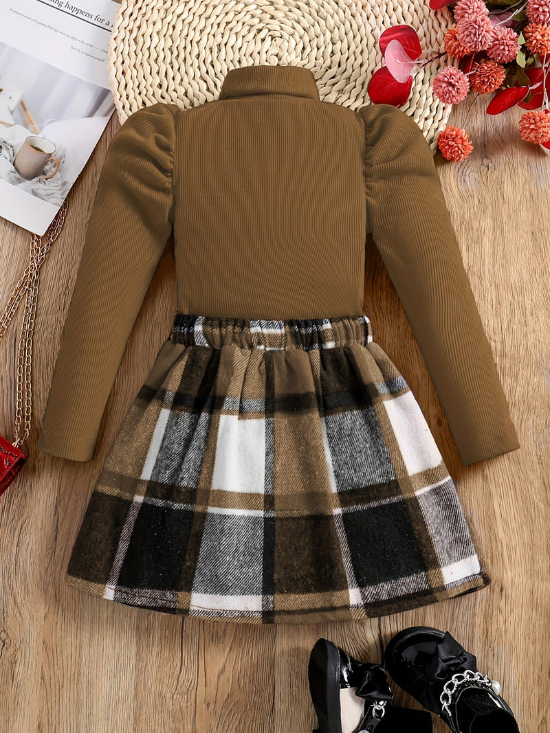 Feline Elegant Turtleneck Outfit for Kids - Checkered Skirt and Sweater Set