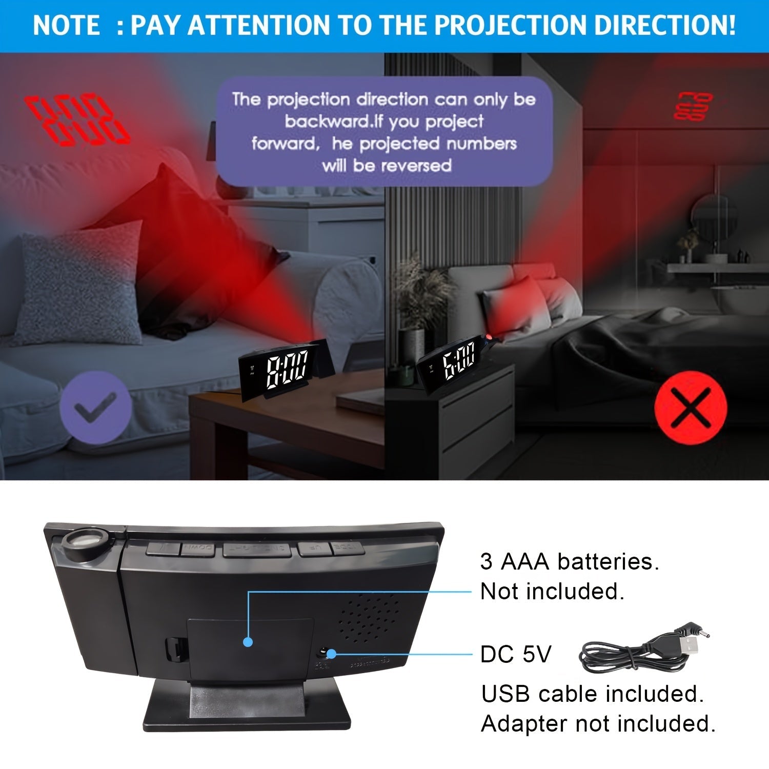 Digital Projection Alarm Clock – LED Display and Snooze Function with Adjustable Brightness