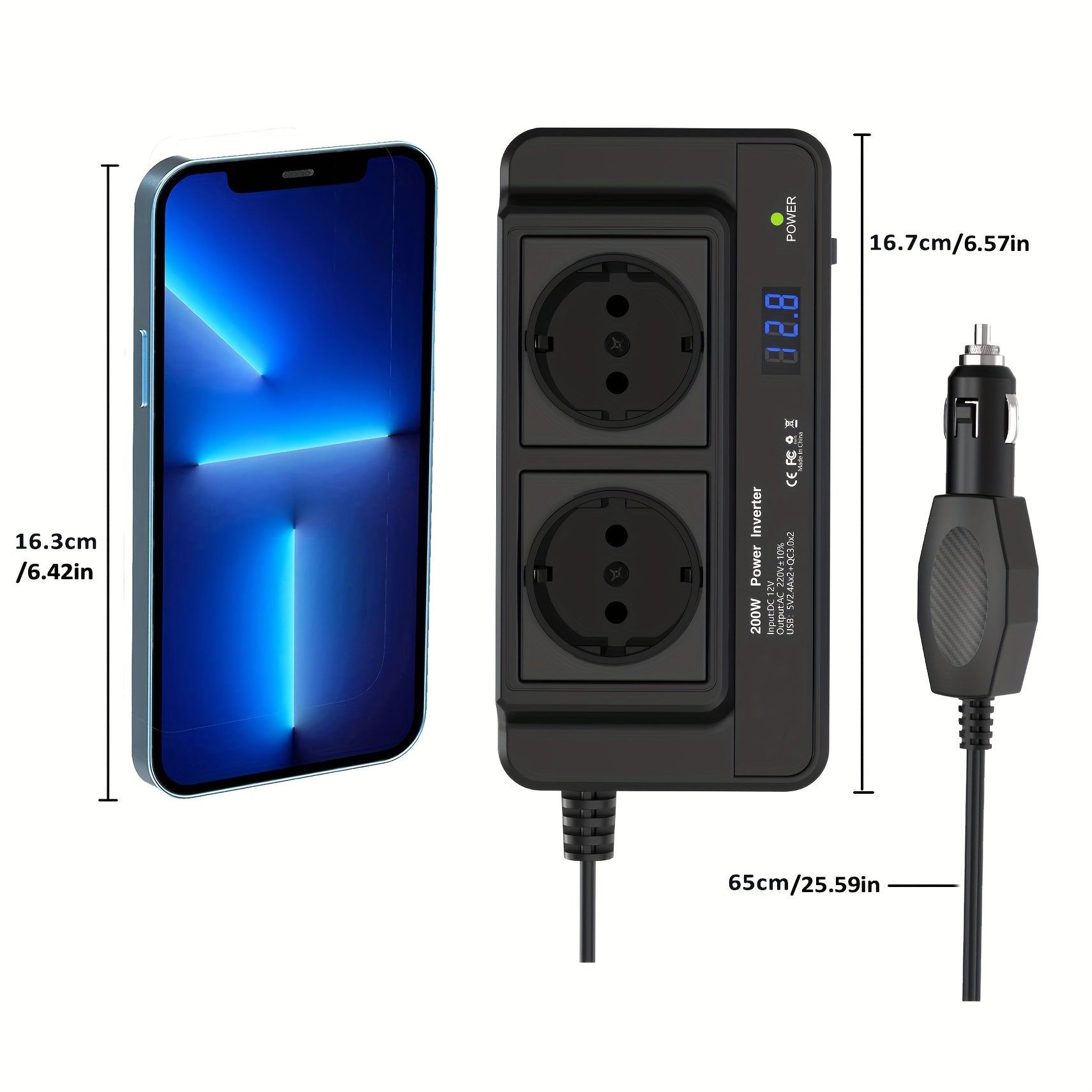 Compact 200W Car Power Inverter – Dual Sockets & Quad USB