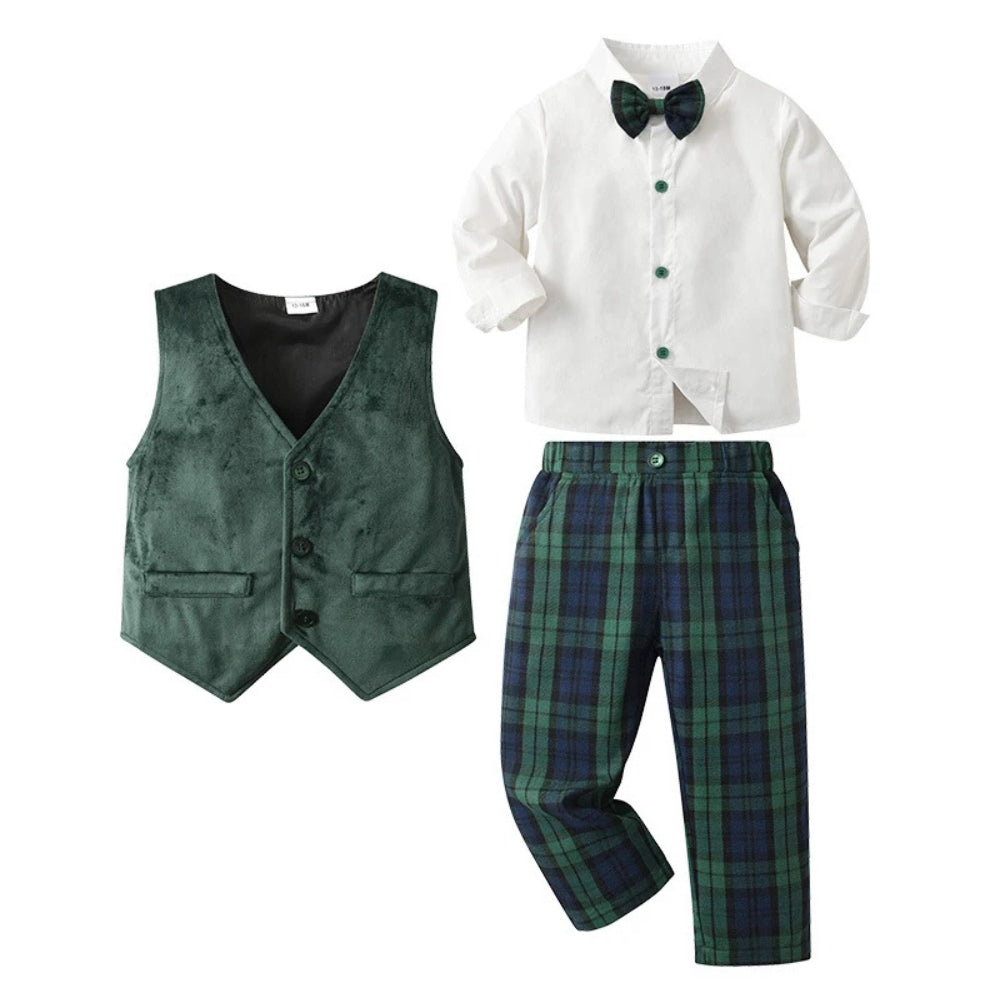 Chic Boys' 3-Piece Suit – Blue Shirt, Waistcoat and Trousers with Bow Tie