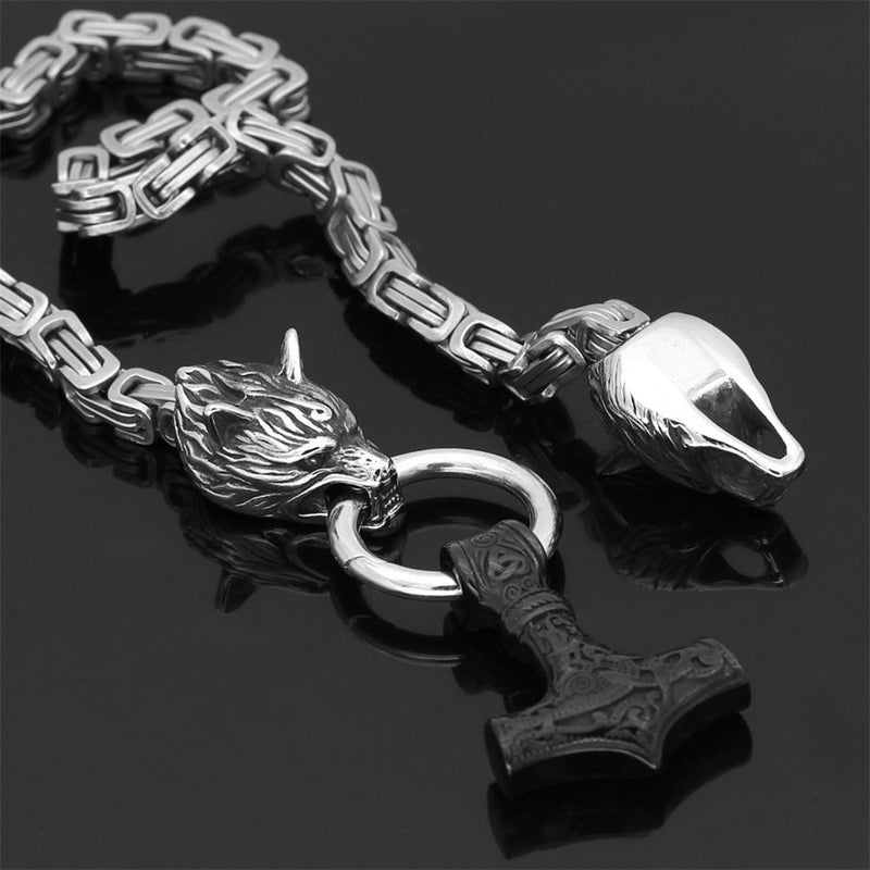 Nordic Wolf & Mjolnir Chain for Men – Stainless Steel Statement